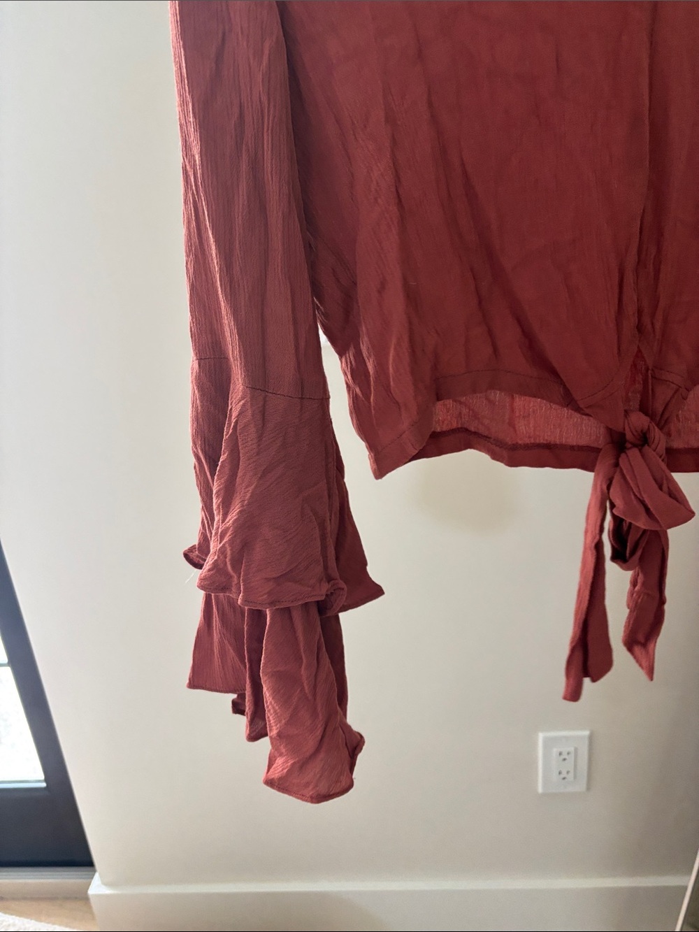 Women's Rust Tie-Front V-Neck Blouse with Ruffle Sleeves - Picture 3 of 4